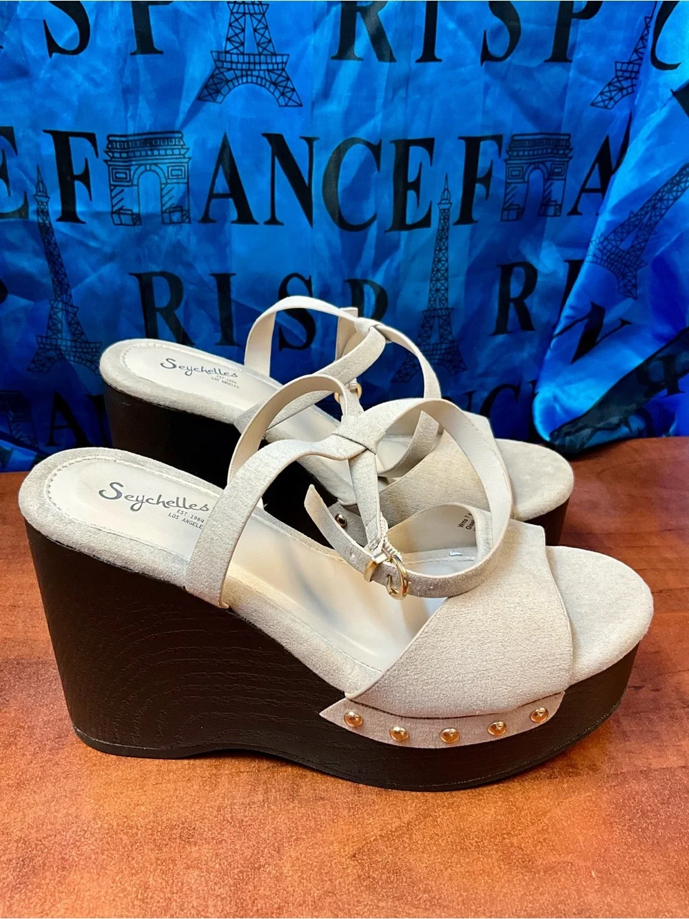 Seychelles Cream Strappy Wedge Sandals with Gold Buckle